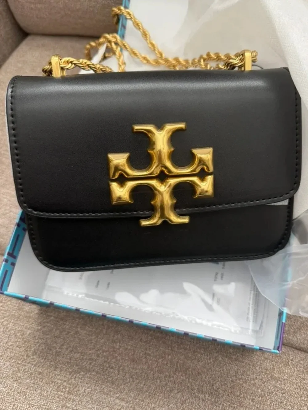 Tory Burch Black Leather Crossbody with Gold Logo Hardware